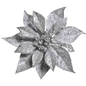 Cosy & Trendy Kerstboomversiering bloem op clip zilveren kerstster 18 cm