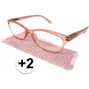 Modieuze leesbril +2 glitter roze