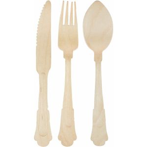 Houten bestek set klassiek 24x delig - BBQ/Verjaardag feest wegwerp bestek - Biologisch afbreekbaar