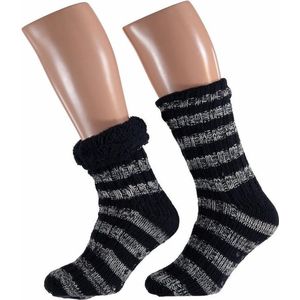 Apollo Gevoerde Huissokken Heren – Zwart Gestreept – Antislip – One Size 42-47