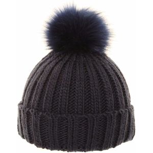 Navy blauwe gebreide muts met pompon voor dames