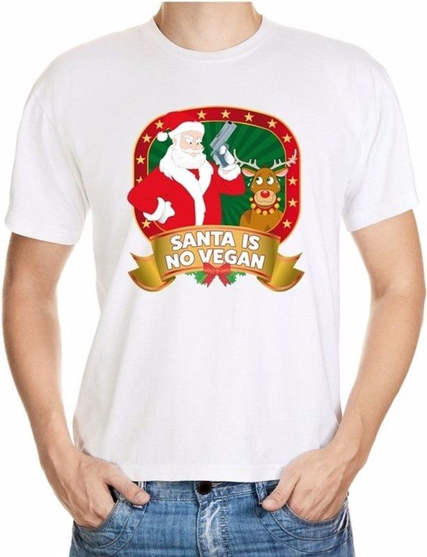 Foute kerst shirt wit - Santa is no vegan - voor heren