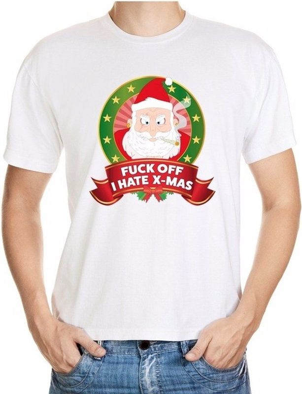 Foute kerst shirt wit - Fuck off I hate x-mas - voor heren
