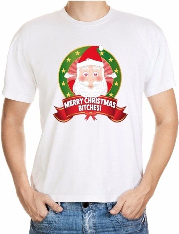 Foute kerst shirt wit - Merry christmas bitches - voor heren