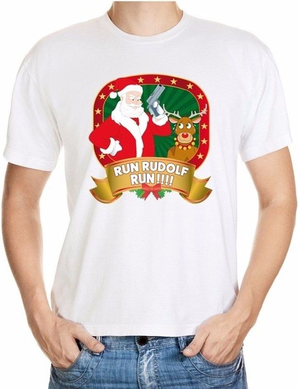 Foute kerst shirt wit - Run Rudolf Run - voor heren