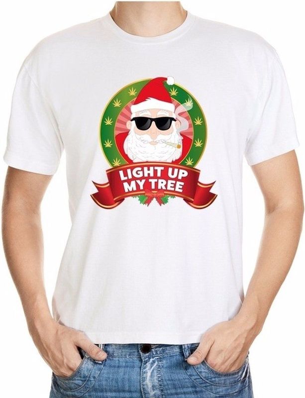 Foute kerst shirt wit - stoned Kerstman - light up my tree joint - voor heren
