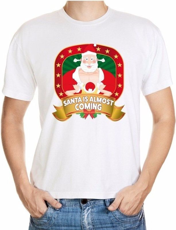 Foute kerst shirt wit - player Kerstman - Santa is almost coming - voor heren