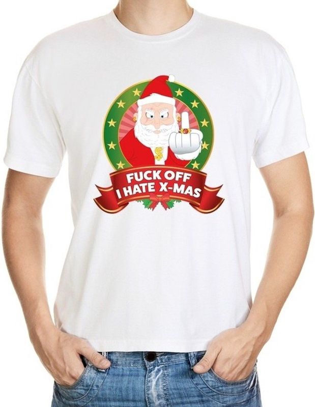 Bellatio Decorations - Foute Kerst T-shirt - Wit - Gangster Kerstman - Voor Heren