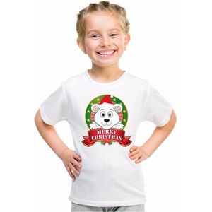Kerst t-shirt voor jongens met ijsbeer print - wit - shirt voor jongens en meisjes 122 128