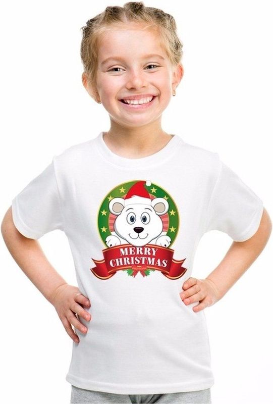 Kerst t-shirt voor jongens met ijsbeer print - wit - shirt voor jongens en meisjes 110 116