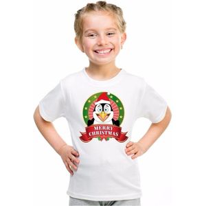 Witte Kerst t-shirt voor kinderen met pinguin - kerst t-shirts kind