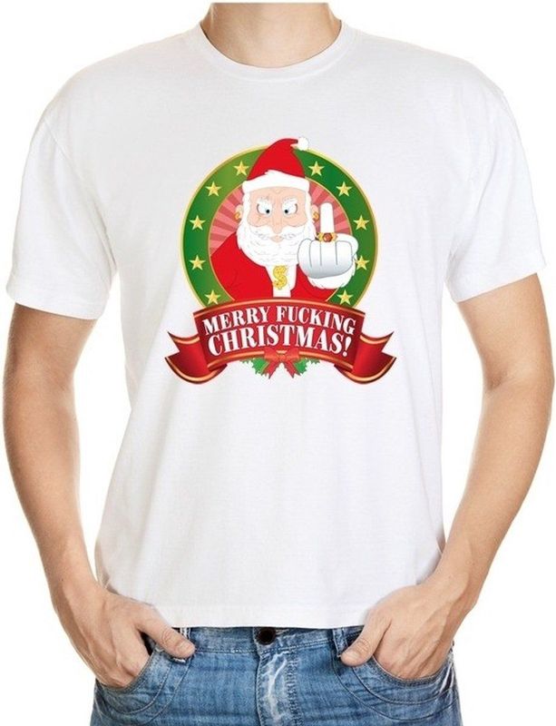 Foute kerst shirt wit - Gangster Kerstman - Merry Fucking Christmas - voor heren
