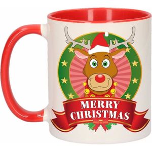 Kerst beker / mok - rood met wit - 300 ml keramiek - Rendier Rudolf print