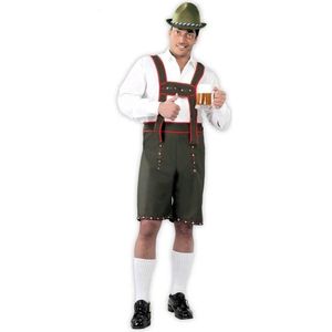 Groene/rode Tiroler lederhosen verkleed kostuum/broek voor heren - Carnavalskleding voordelige Oktoberfest/bierfeest verkleedoutfit 48/50