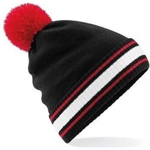 Zwart/rood met witte beanie muts met pompon voor dames