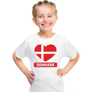 Denemarken kinder t-shirt met Deense vlag in hart wit jongens en meisjes 110 116