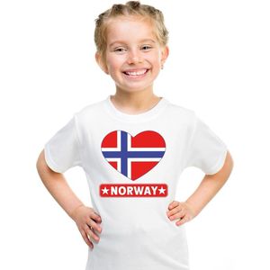 Noorwegen kinder t-shirt met Noorse vlag in hart wit jongens en meisjes 110 116