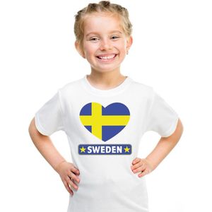 Zweden kinder t-shirt met Zweedse vlag in hart wit jongens en meisjes 110 116