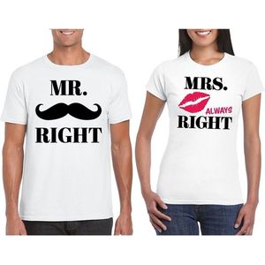 Mr Right Mrs Always Right koppel t-shirts wit