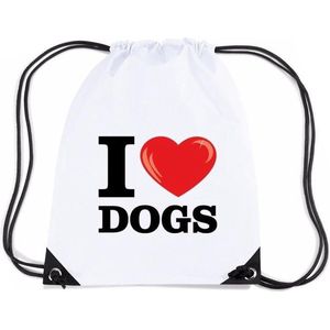 Nylon I love dogs/ honden rugzak wit met rijgkoord