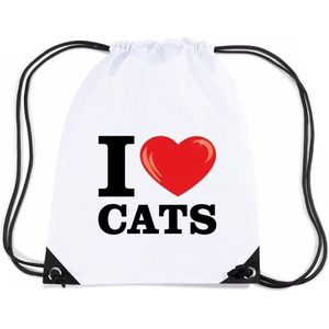 Nylon I love cats/ katten/ poezen rugzak wit met rijgkoord