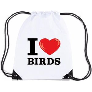 Nylon I love birds/ vogels rugzak/ gymtas wit met rijgkoord