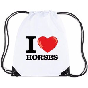 Nylon I love horses/ paarden rugzak/ gymtas wit met rijgkoord