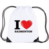 Nylon I love badminton/ honden rugzak/ sporttas wit met rijgkoord