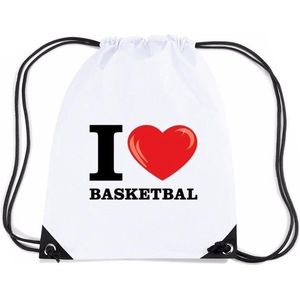 Nylon I love basketbal/ honden rugzak/ sporttas wit met rijgkoord