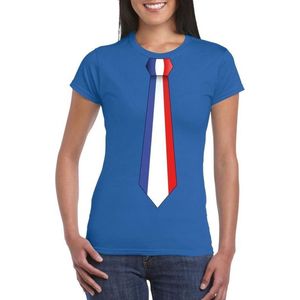 Blauw t-shirt met Frankrijk vlag stropdas dames - Feestshirts