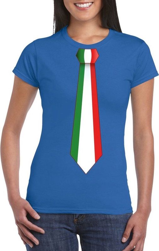 Blauw t-shirt met Italiaanse vlag stropdas dames - Italie supporter