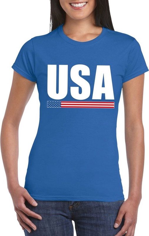 Blauw USA supporter t-shirt voor dames - Amerikaanse vlag shirts