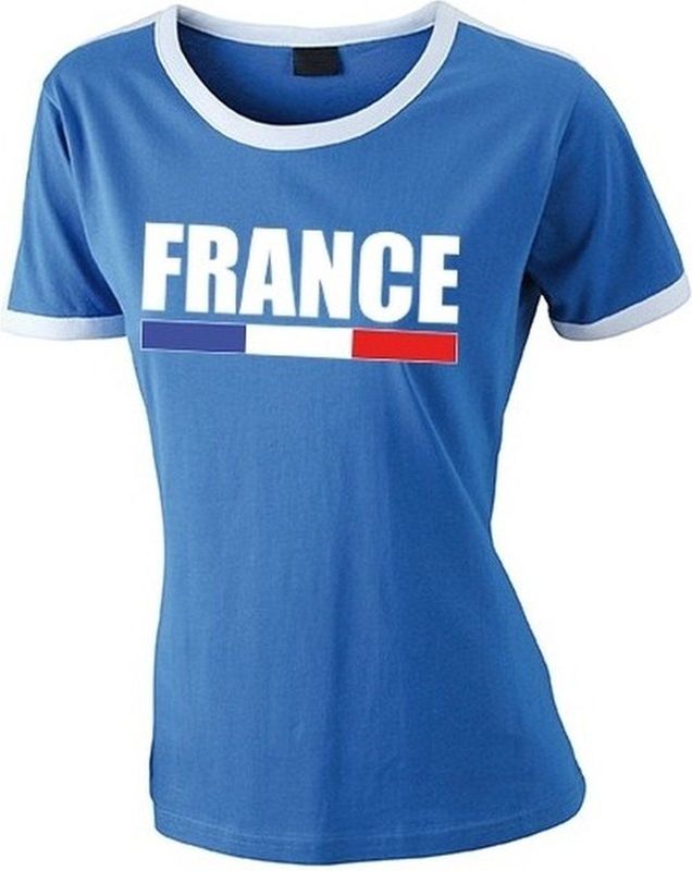 Blauw Frankrijk supporter ringer t-shirt met witte randjes dames - Franse vlag shirts