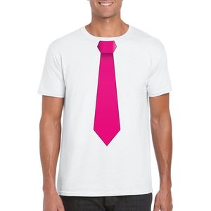 Wit t-shirt met roze stropdas heren