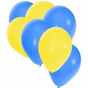 50x Ballonnen - 27 cm -  geel / blauwe versiering