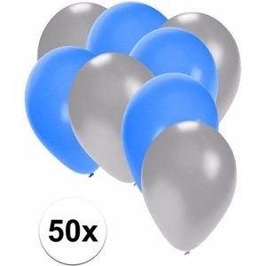 50x ballonnen - 27 cm -  zilver / blauwe versiering - Ballonnen