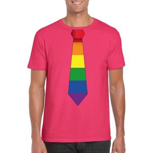 Roze t-shirt met regenboog stropdas heren - LGBT Gay pride shirts