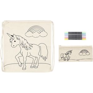 Knutselset - Rugtasje Eenhoorn - Textielstiften - Natuurlijk Katoen - Incl. Etui