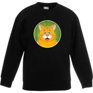 Bellatio Decorations - Kinder Sweater - Zwart - Vrolijke Oranje Kat Print