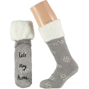 Grijze meisjes bedsokken/huissokken anti-slip Lets Stay Home maat 25-30 - Kinder sokken