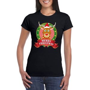 Rudolf Kerst t-shirt zwart Merry Christmas voor dames - Kerst shirts