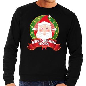 Bellatio Decorations Foute kersttrui - sweater - zwart - Kerstman met hartjes ogen - Merry Christmas Bitches - voor heren S