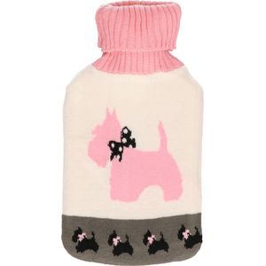 Warmwater kruik met wit/roze honden hoes 2 liter