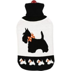 Warmwater kruik met wit/zwarte honden hoes - 2 liter - warmwaterkruik