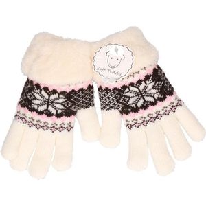 Gebreide handschoenen creme wit met sneeuwster en nep bont voor meisjes/kinderen