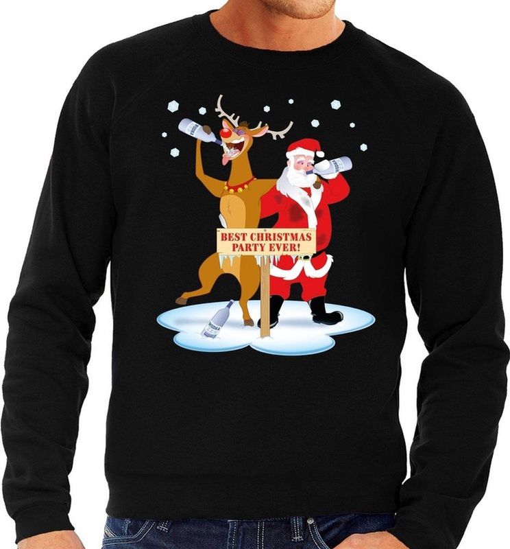 Bellatio - Dronken Kerstman en Rudolf - Sweater - Zwart - Katoen