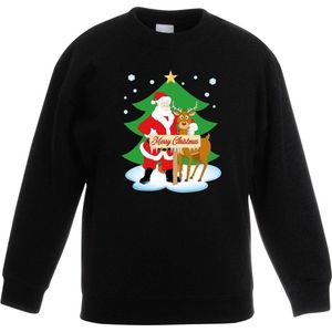 Zwarte kersttrui kerstman en rendier Rudolf voor kerstboom voor jongens en meisjes - Kerstruien kind 98/104