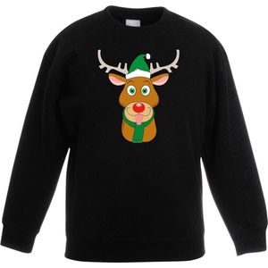 Zwarte kersttrui rendier Rudolf met groene kerstmuts voor jongens en meisjes - Kerstruien kind 98/104