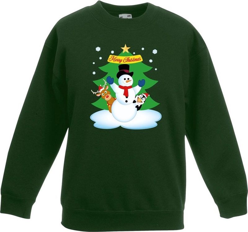 Groene kersttrui met een sneeuwpop en zijn dieren vriendjes voor jongens en meisjes - Kerstruien kind 98/104