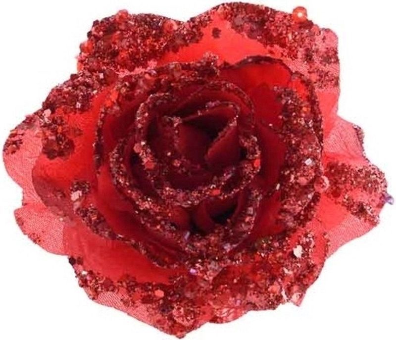 3x Rode kerstversiering roos op clip - Kunstbloemen